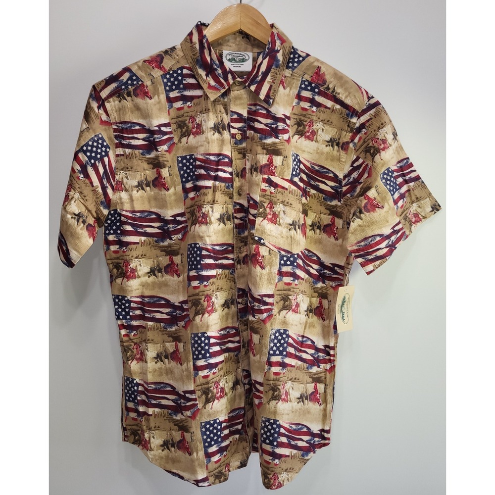 Woodland Creek Button Down Shirt Mens Medium Tan NWT American Flag Horse Print